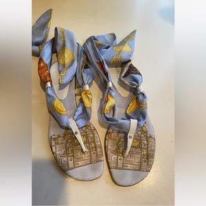 Versace Medusa Silk BLUE & Gold Sandals Flats Size 38 IT US 8